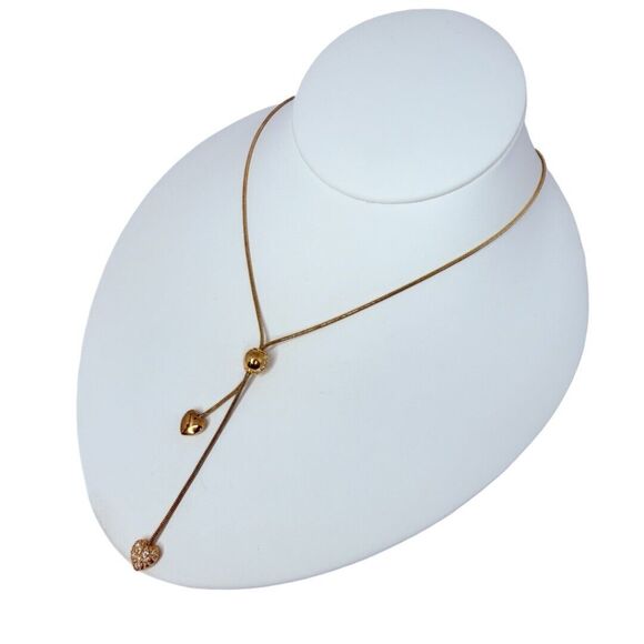 Gold Tone Double Heart Lariat Chain Necklace 22" Rhinestone Love Valentines Day - Picture 6 of 8